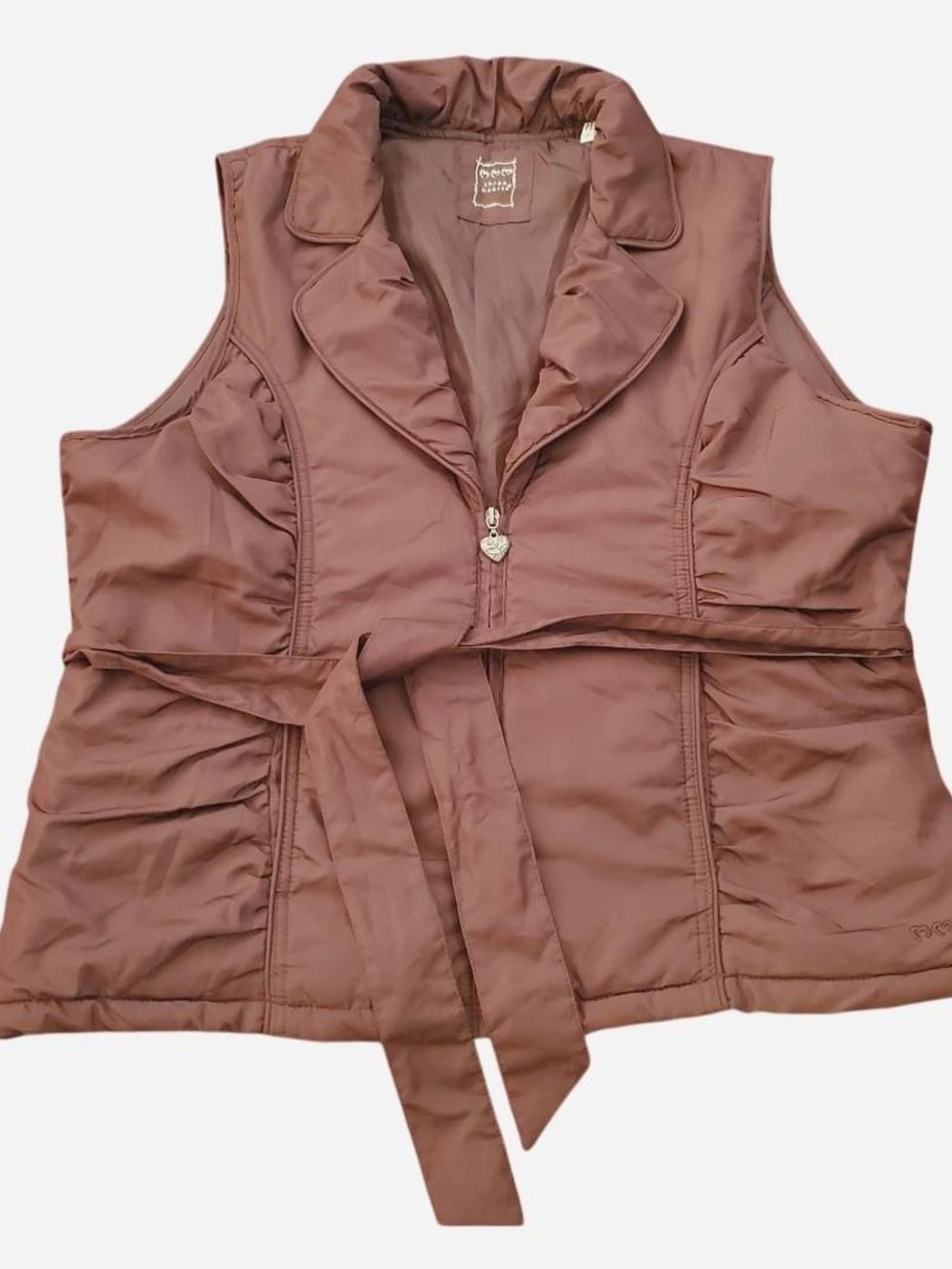 Three Hearts Brown Sleeveless Puffer Vest with Waist Tie